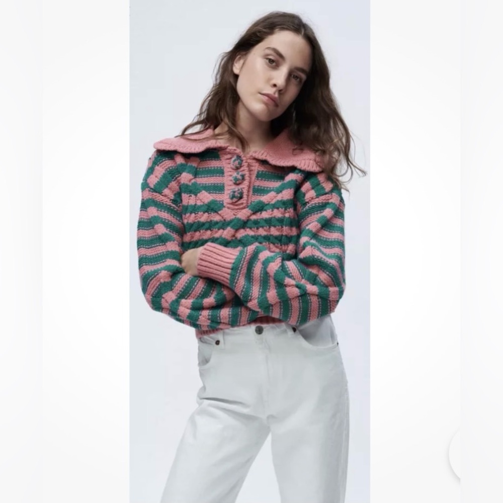 ZARA Ruffled Striped Cable Knit Sweater Pink Green Size S - Picture 2 of 11